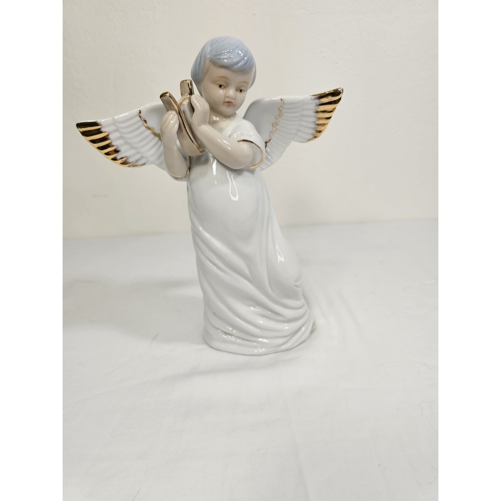Vintage Porcelain Angel Figurine Harp Player with Gold Trim